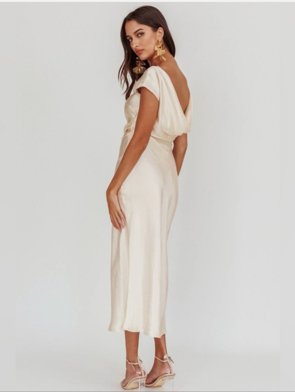 Selfie Leslie Cream Satin Cowl-Back Midi Dress